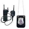 A black police costume accessory set featuring a walkie-talkie and a badge on a lanyard.
