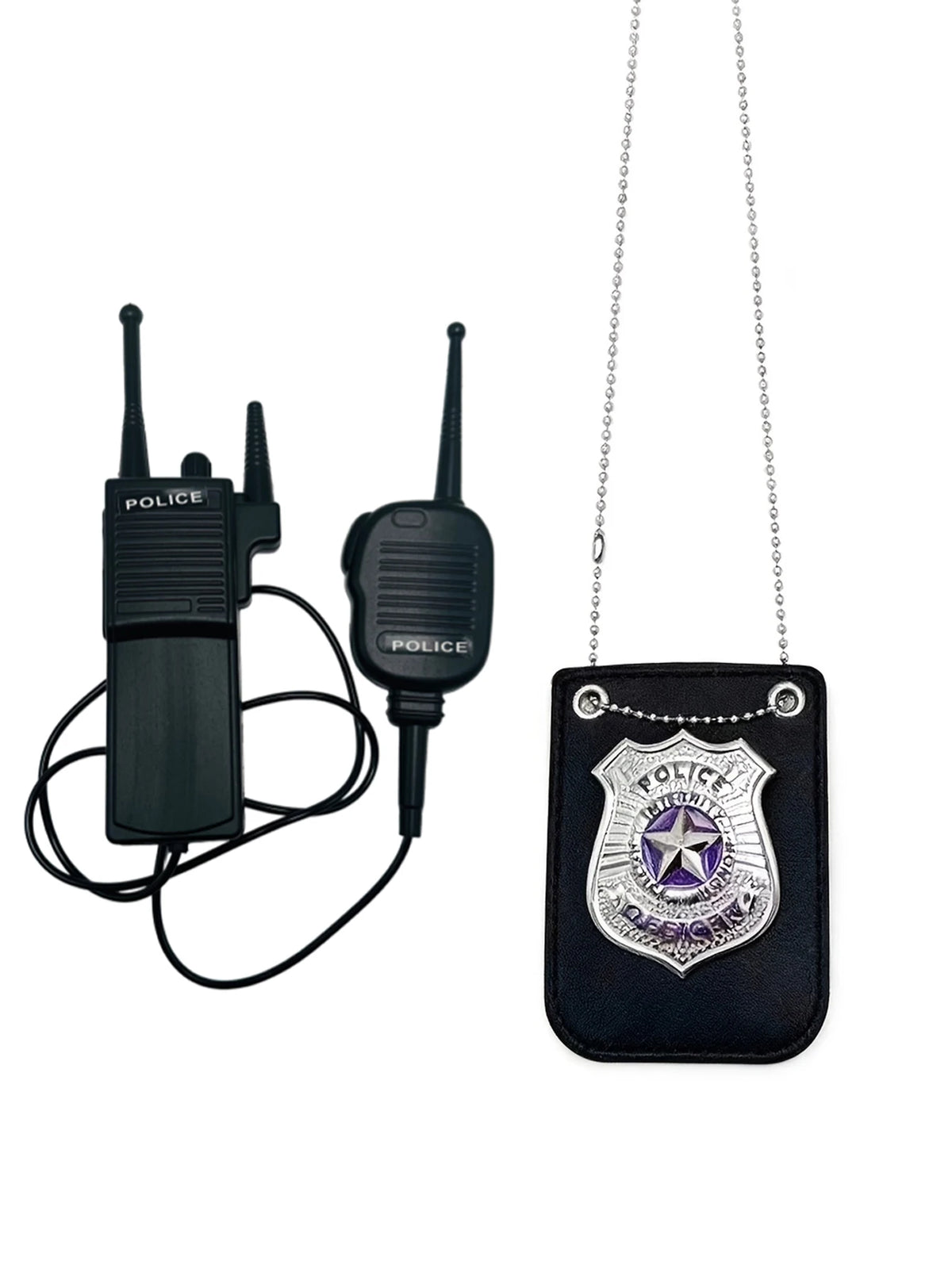 A black police costume accessory set featuring a walkie-talkie and a badge on a lanyard.