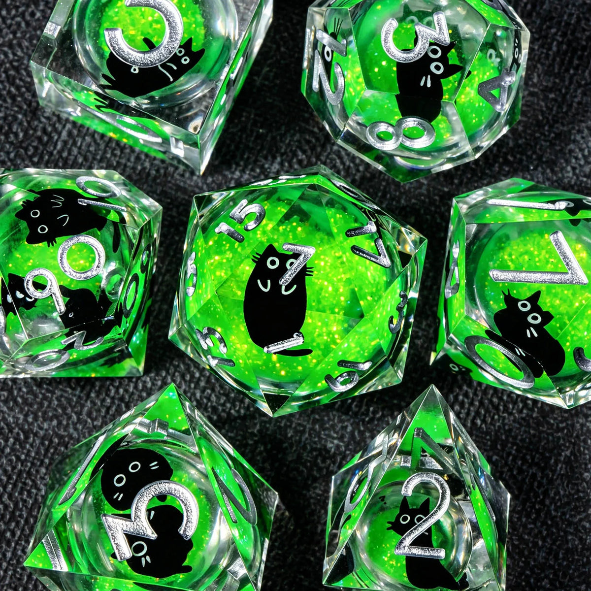 Cat Liquid Core Polyhedral Dice Set with Sharp Edges