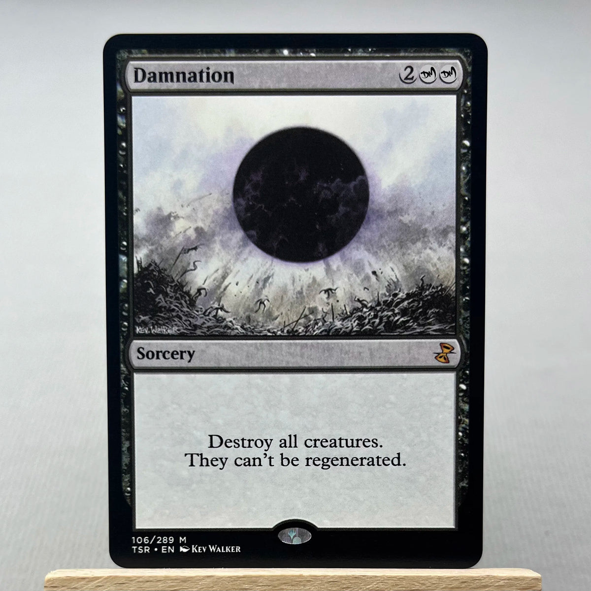 A Magic: The Gathering card named Damnation featuring a black moon against a stormy sky and a sorcery effect.