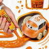 A hand applies an orange paste onto a small toy car, demonstrating the DIY Slime Track Car Set.