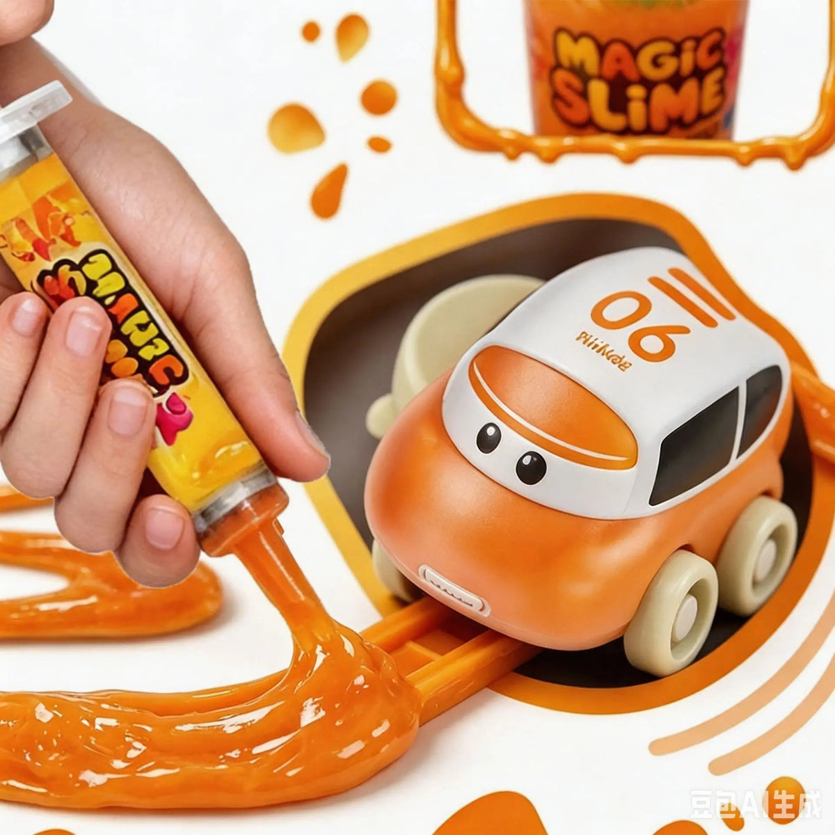 A hand applies an orange paste onto a small toy car, demonstrating the DIY Slime Track Car Set.