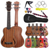 A wooden ukulele guitar and its accessories including a strap and various tuning rings