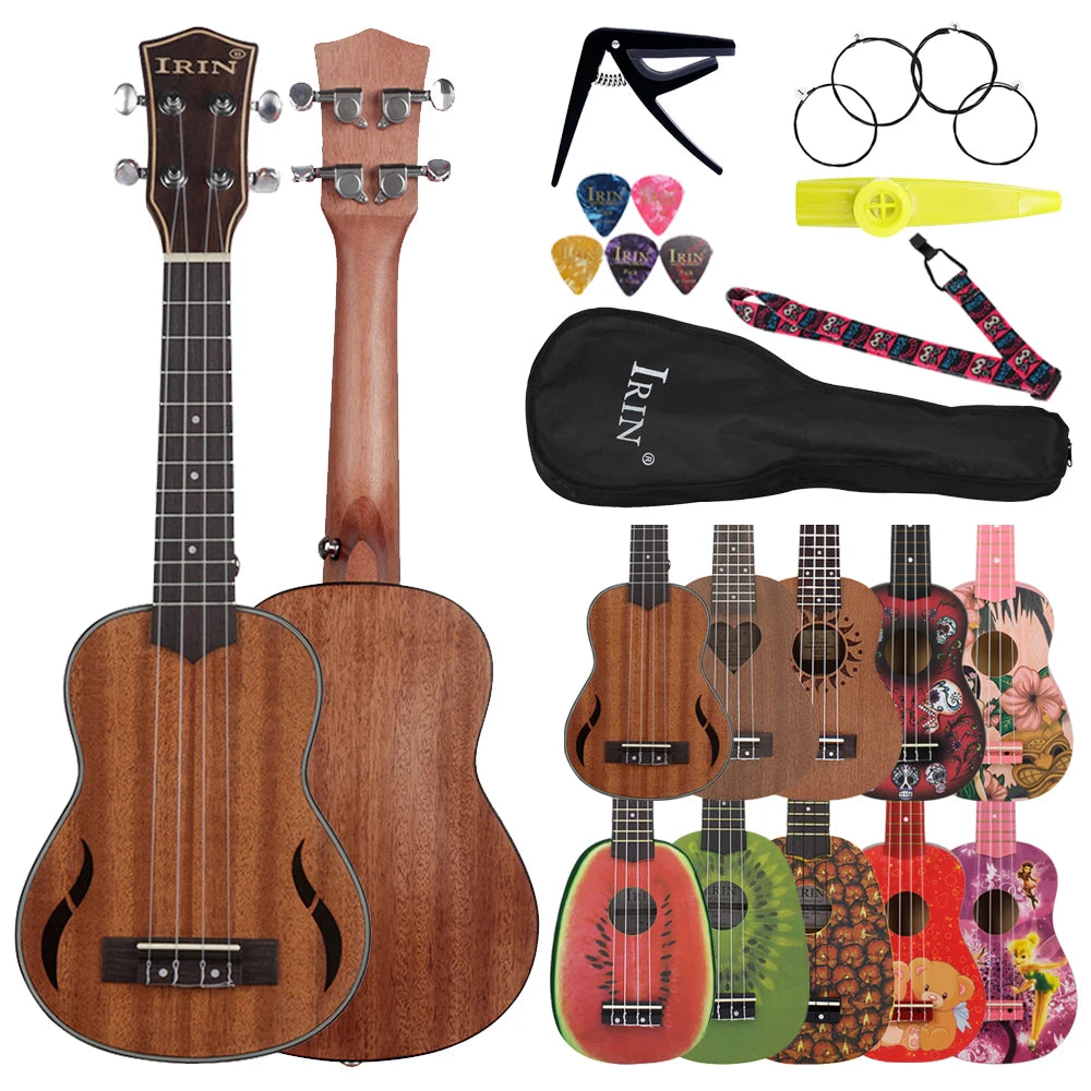A wooden ukulele guitar and its accessories including a strap and various tuning rings