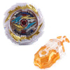 A metal spinning top battle set featuring a clear orange launcher and a translucent white and gold spinning top.