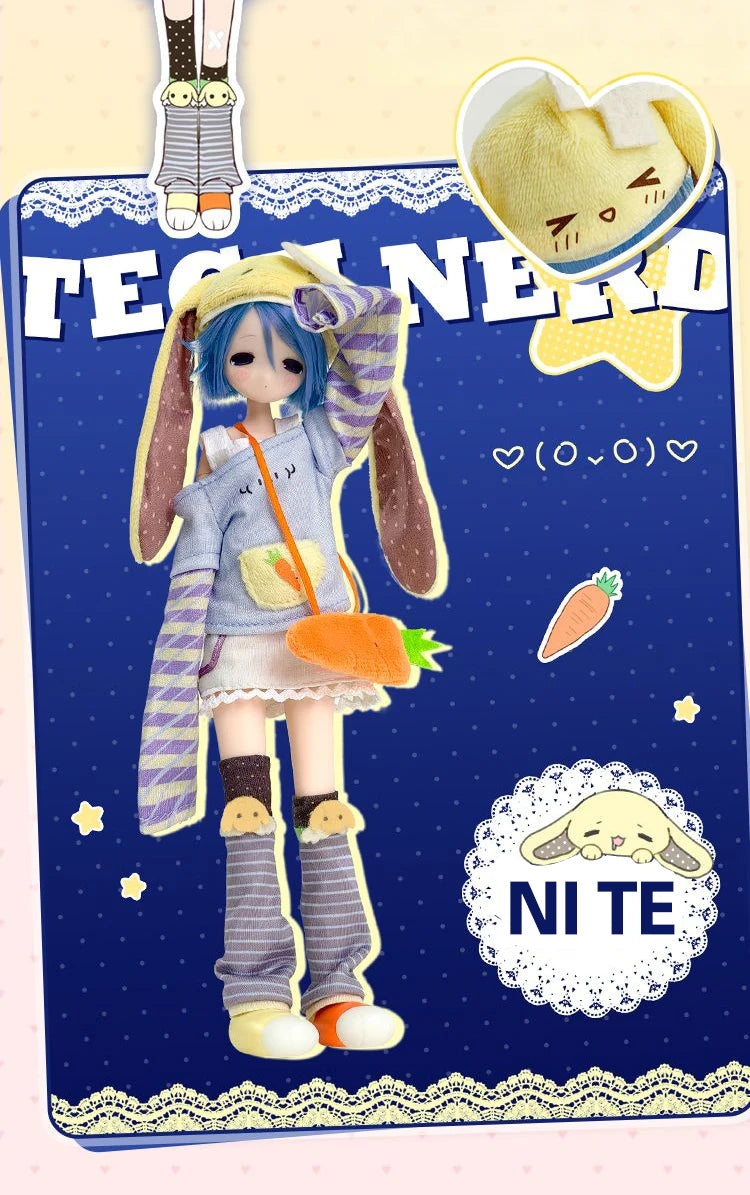 A blue-haired doll dressed in a striped outfit stands on a blue background with accessories and a carrot.
