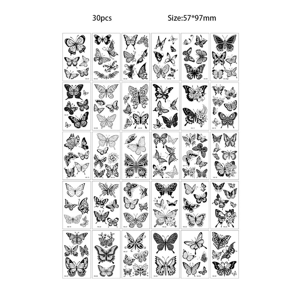A grid of 30 temporary tattoos featuring various butterfly and insect designs.