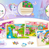 A set of four wooden jigsaw puzzles featuring unicorn princesses and rainbows for toddlers