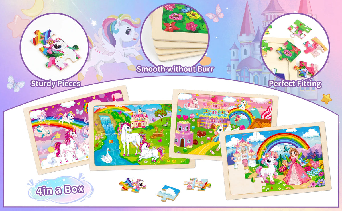 A set of four wooden jigsaw puzzles featuring unicorn princesses and rainbows for toddlers