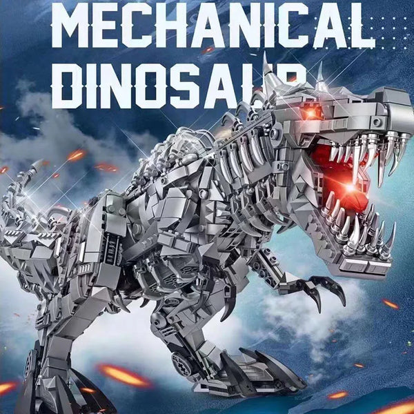A highly detailed silver mechanical dinosaur model built from building blocks with glowing red LED lights.