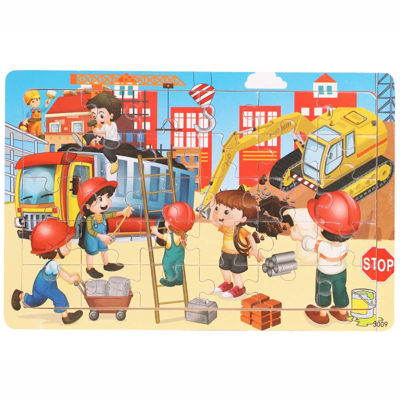 A 30-piece wooden jigsaw puzzle featuring children and vehicles in a city setting.