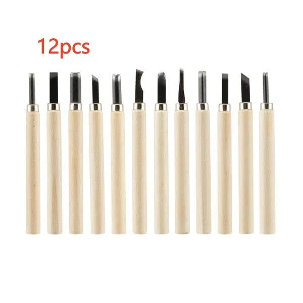 A set of twelve wooden carving chisels with SK5 steel blades arranged in a row.