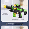 A toy gun is shown being pressed to light up, demonstrating its functionality and battery compartment.