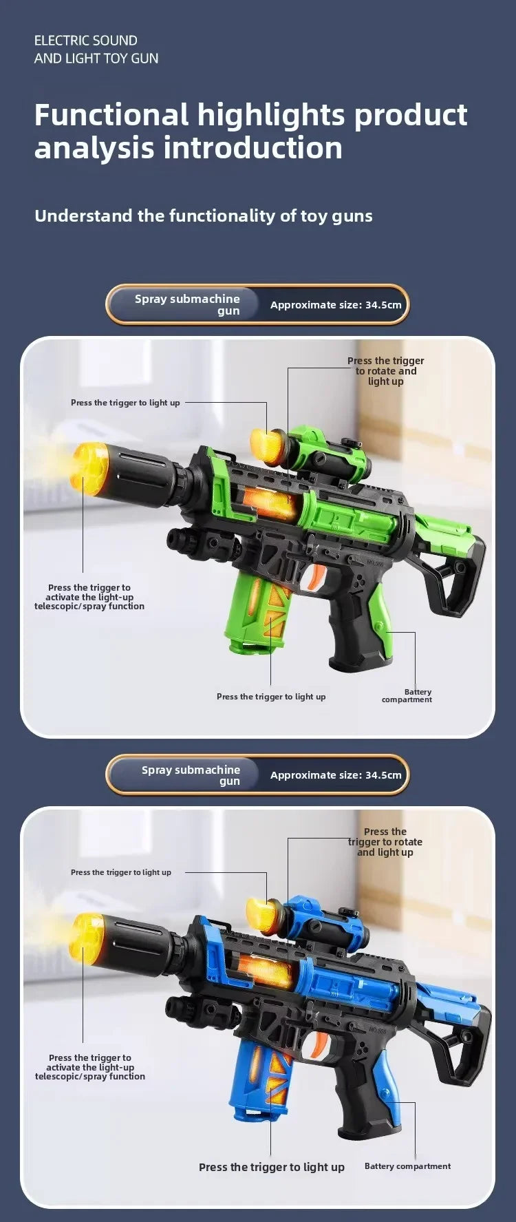 A toy gun is shown being pressed to light up, demonstrating its functionality and battery compartment.