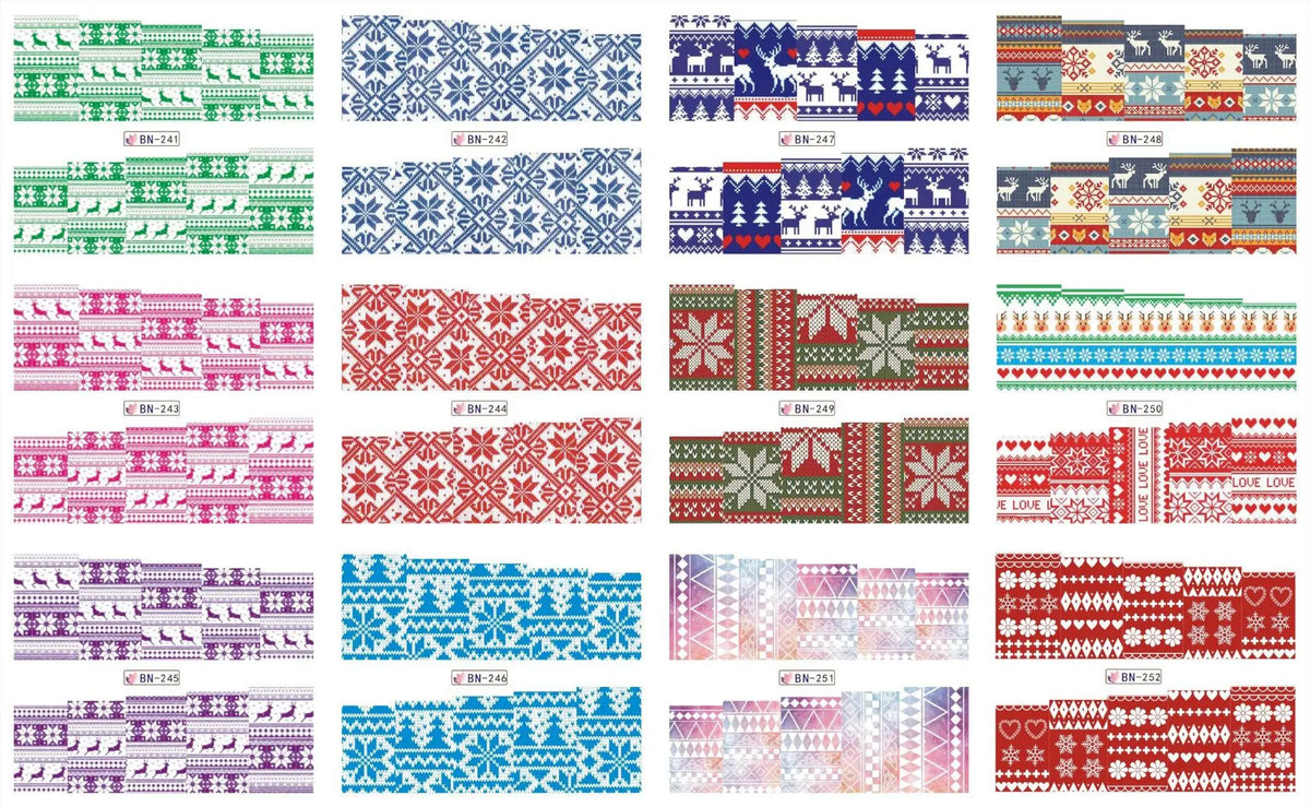 A collection of festive Christmas water transfer nail art stickers featuring various patterns and designs in green, blue, pin