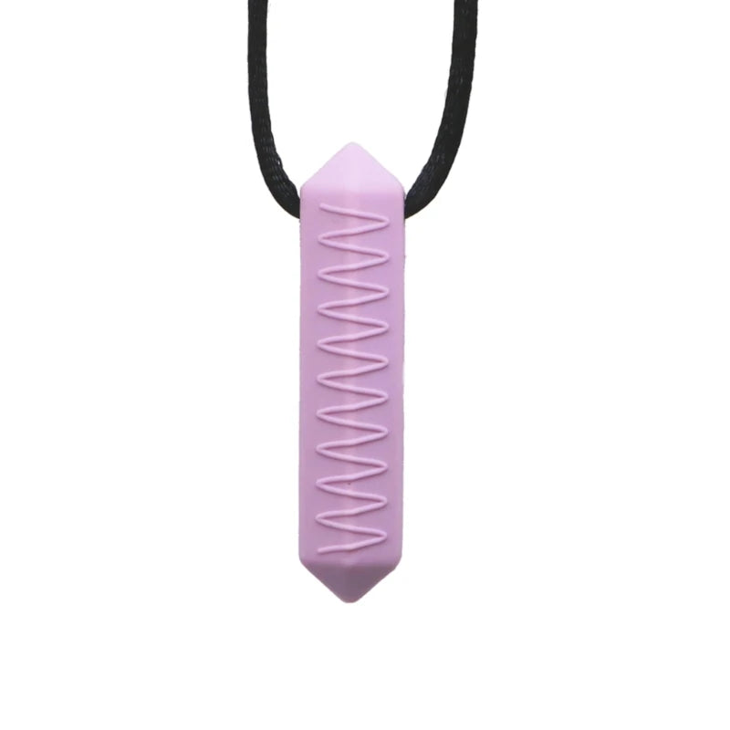 A pink silicone chew necklace with a tapered, elongated shape and a black cord.