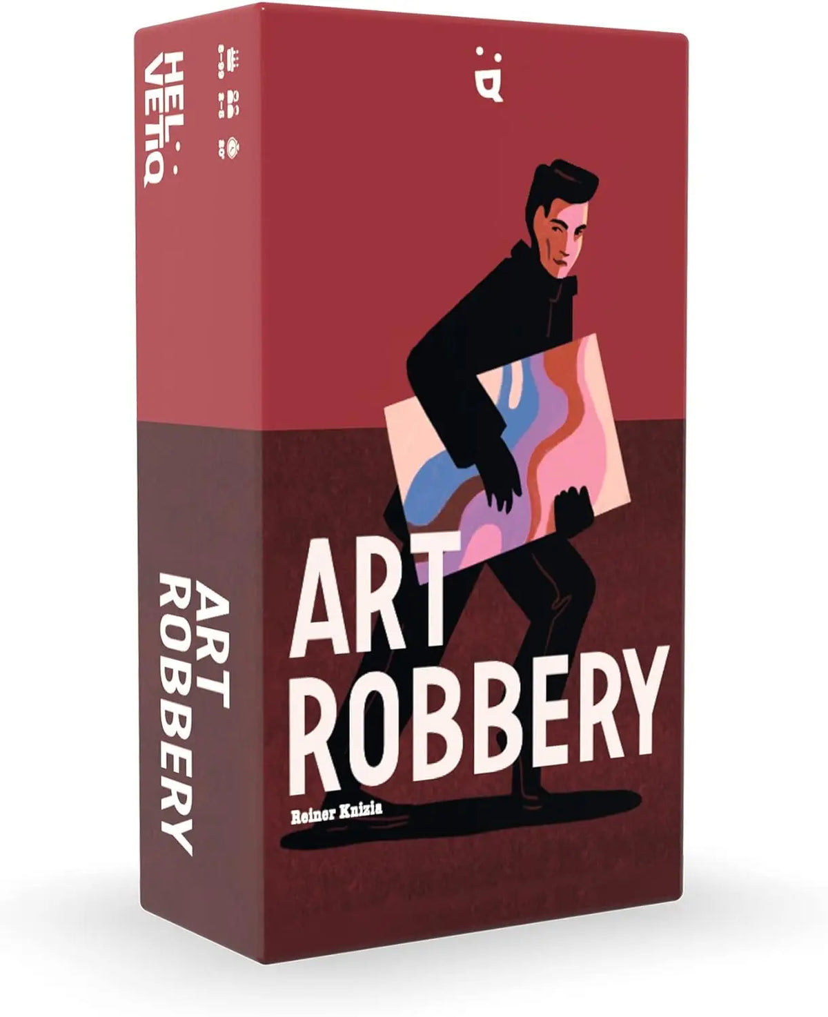 Box art for the Art Robbery board game featuring a dark red background and a figure carrying a painting.