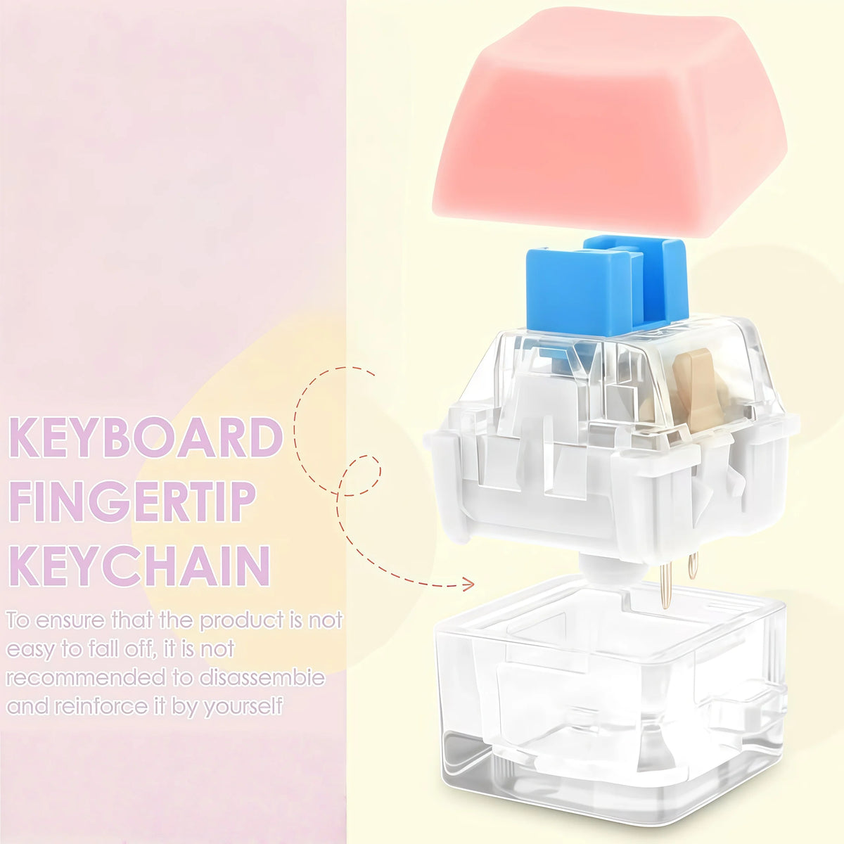 A pink and blue keyboard fidget toy is shown attached to a clear plastic keychain.