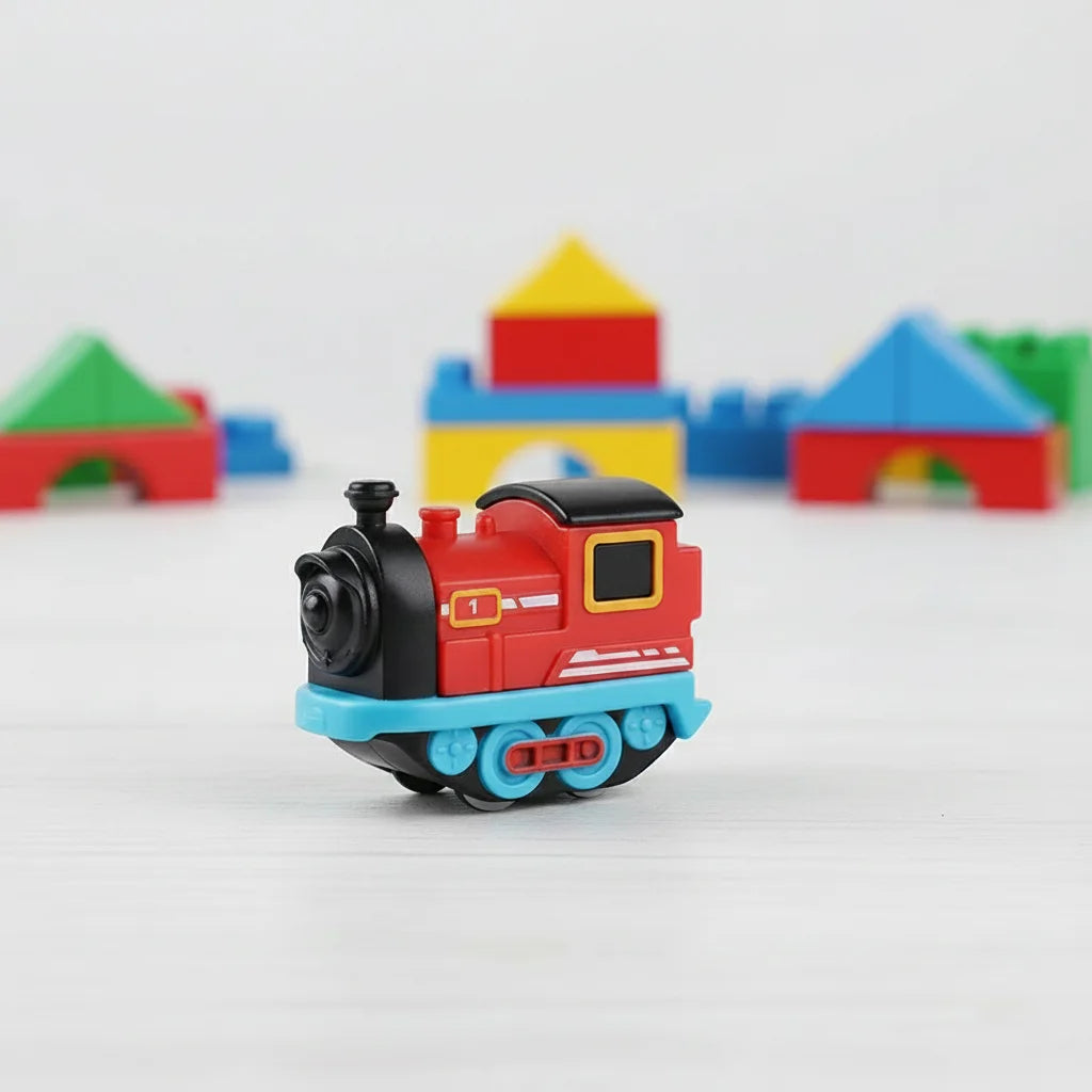 A red and black magnetic train engine toy with a yellow window and blue base sits on a white surface.