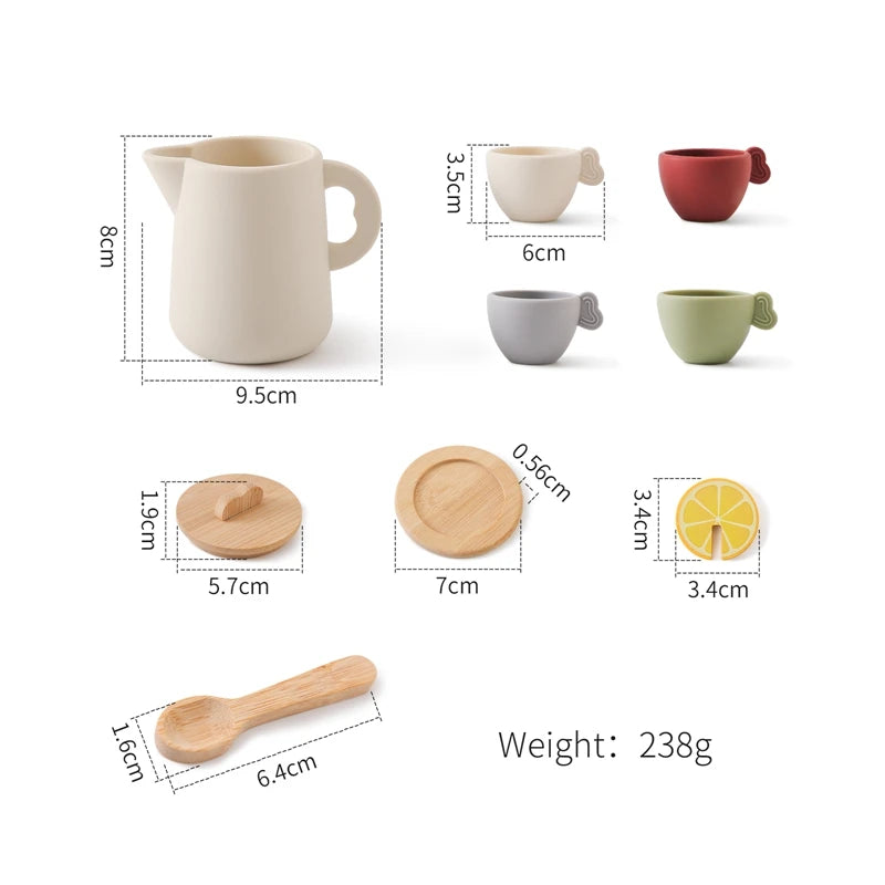 A set of wooden pretend play tea party items including a mug, cups, and a wooden spoon.