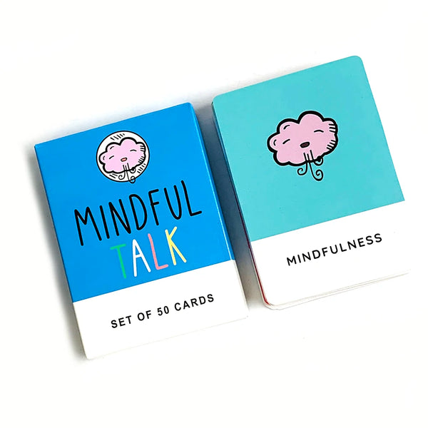 A set of fifty blue and teal cards titled Mindful Talk and Mindfulness featuring a pink cloud icon.