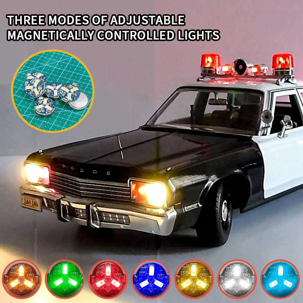 Three modes of adjustable magnetically controlled lights installed on a black and white car model.