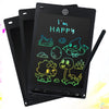 A black LCD writing tablet for kids displaying the text I'm HAPPY in neon green handwriting.