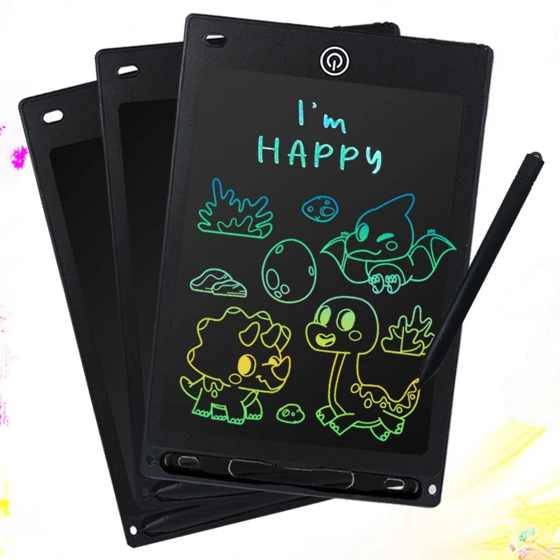 A black LCD writing tablet for kids displaying the text I'm HAPPY in neon green handwriting.