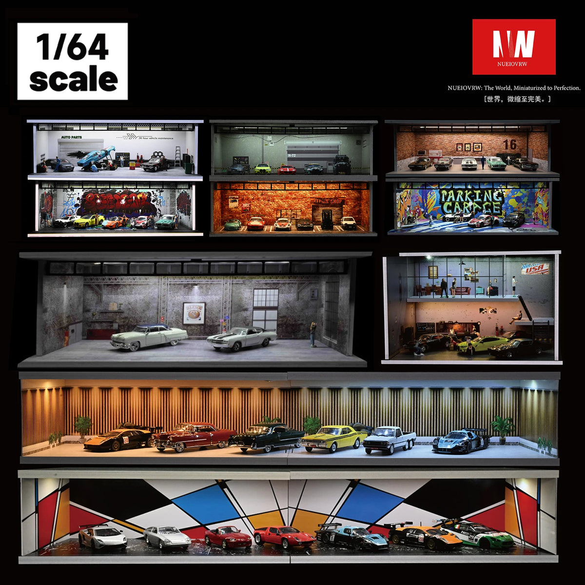 A display of 1:64 scale modular cars inside a garage with acrylic showcases and detailed interiors.