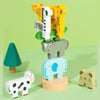 A wooden animal stacking balance game featuring cats, a zebra, an elephant, and a lion.
