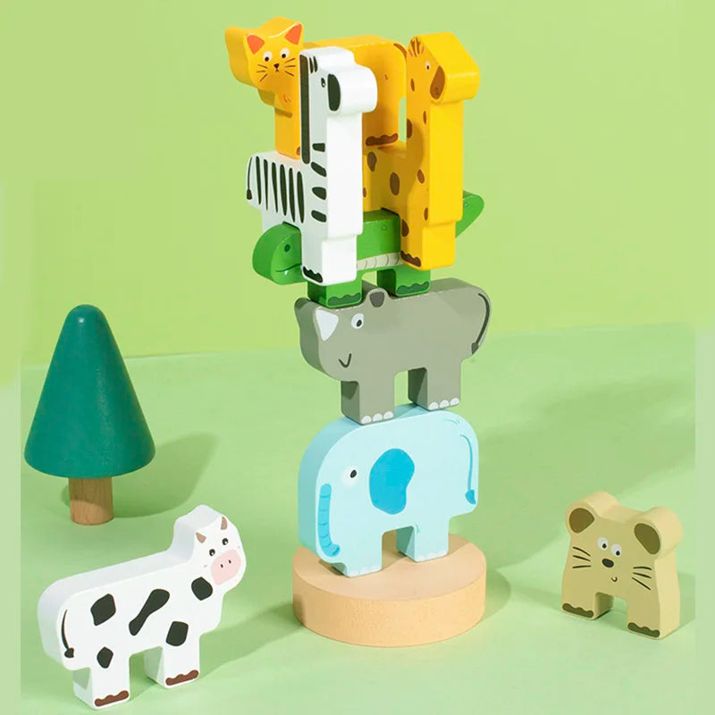 A wooden animal stacking balance game featuring cats, a zebra, an elephant, and a lion.
