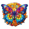 A vibrant, colorful butterfly is featured on a wooden puzzle piece with an intricate floral background.