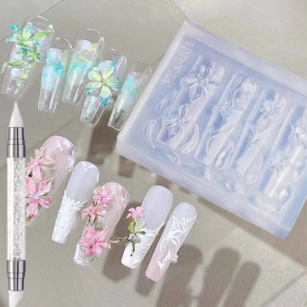 A clear silicone nail mold tray containing various floral designs and a carving pen.