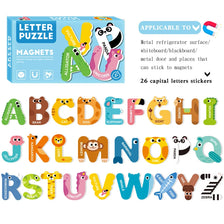 A box of letter puzzle magnets featuring 26 capital letters in various animals and objects for children's learning