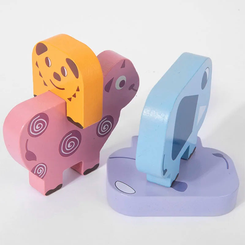 Three wooden animal stacking blocks in orange, pink, and blue are shown with shape matching cards.