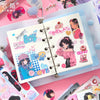 A pink and white die-cut sticker book set featuring illustrations of anime girls and cute themes.