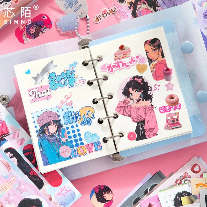 A pink and white die-cut sticker book set featuring illustrations of anime girls and cute themes.