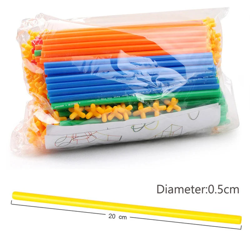 A clear plastic bag filled with colorful interlocking building straws and connectors for creative STEM play
