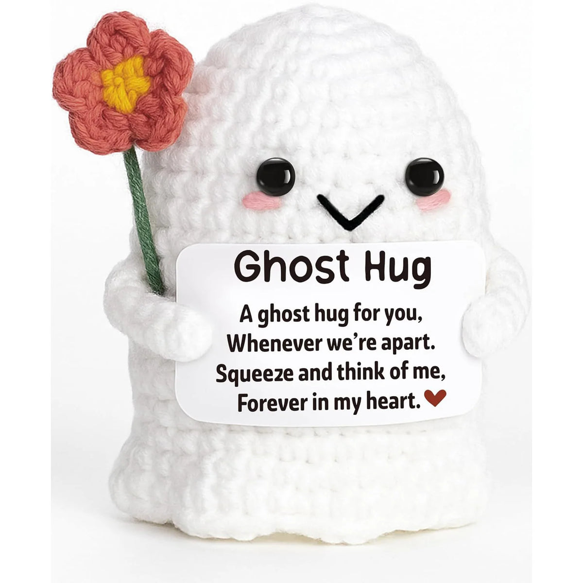 Handmade white crochet ghost doll with a pink flower and an emotional support card