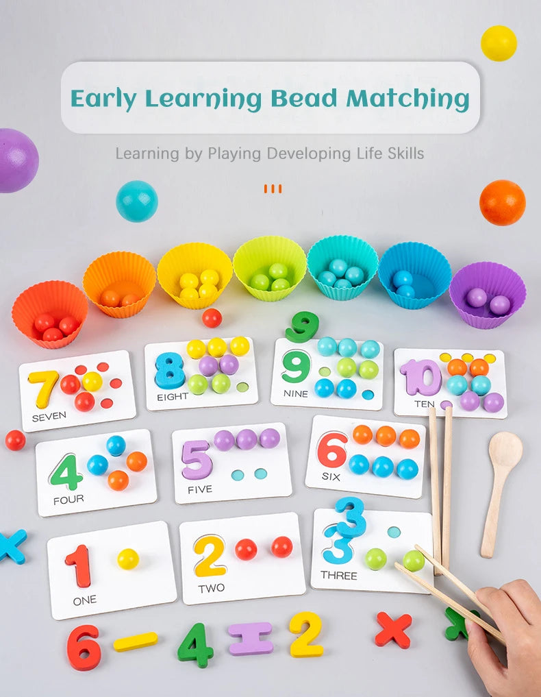 A collection of colorful wooden bead matching cards and loose beads for early learning activities.