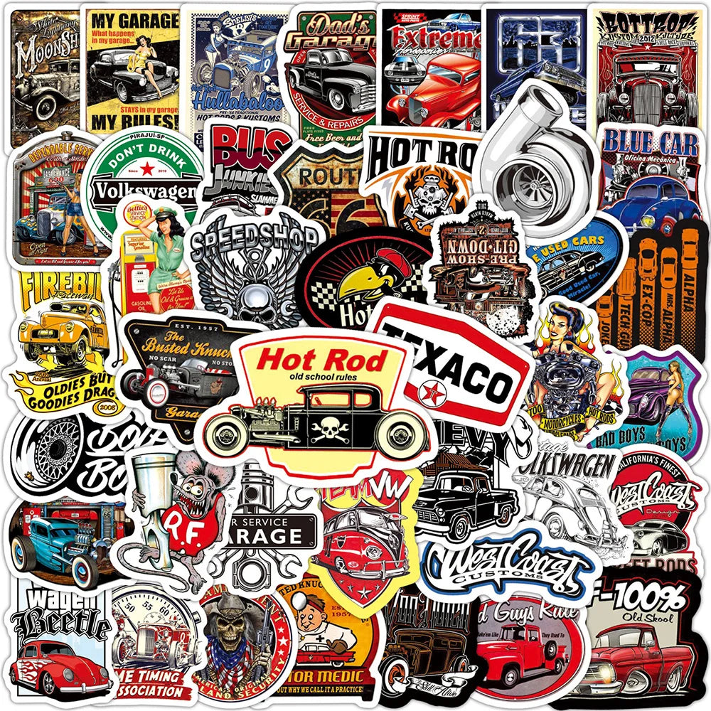 Vintage Hot Rod Car Sticker Pack – Retro Decals for Laptops, Luggage & Skateboards