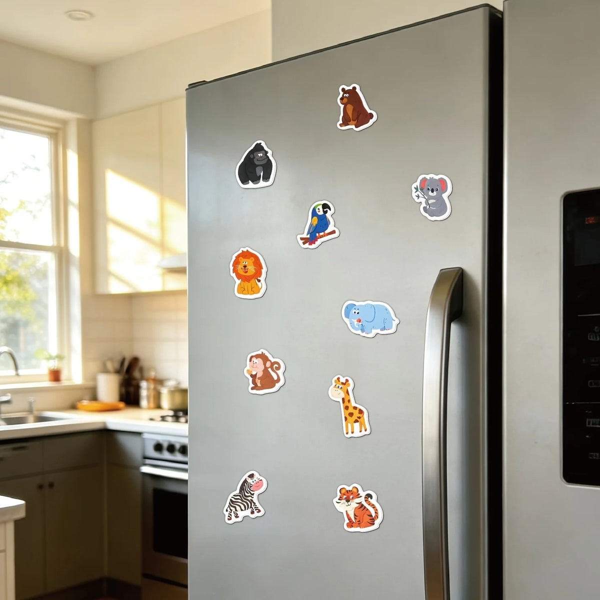 A refrigerator door decorated with ten colorful animal-themed magnets.