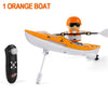 An orange RC boat with a driver figure is shown on a white background.
