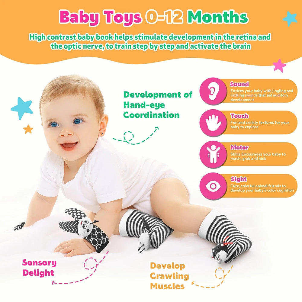 Black and White Sensory Wrist Rattles and Foot Finders for Newborns