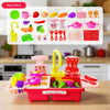 A red electric kids kitchen sink toy set with running water, various play food items, and accessories.