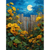 An oil painting depicting a field of yellow sunflowers against a blue sky with a bright full moon and a wooden fence.