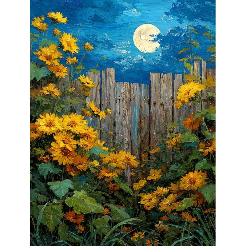 An oil painting depicting a field of yellow sunflowers against a blue sky with a bright full moon and a wooden fence.
