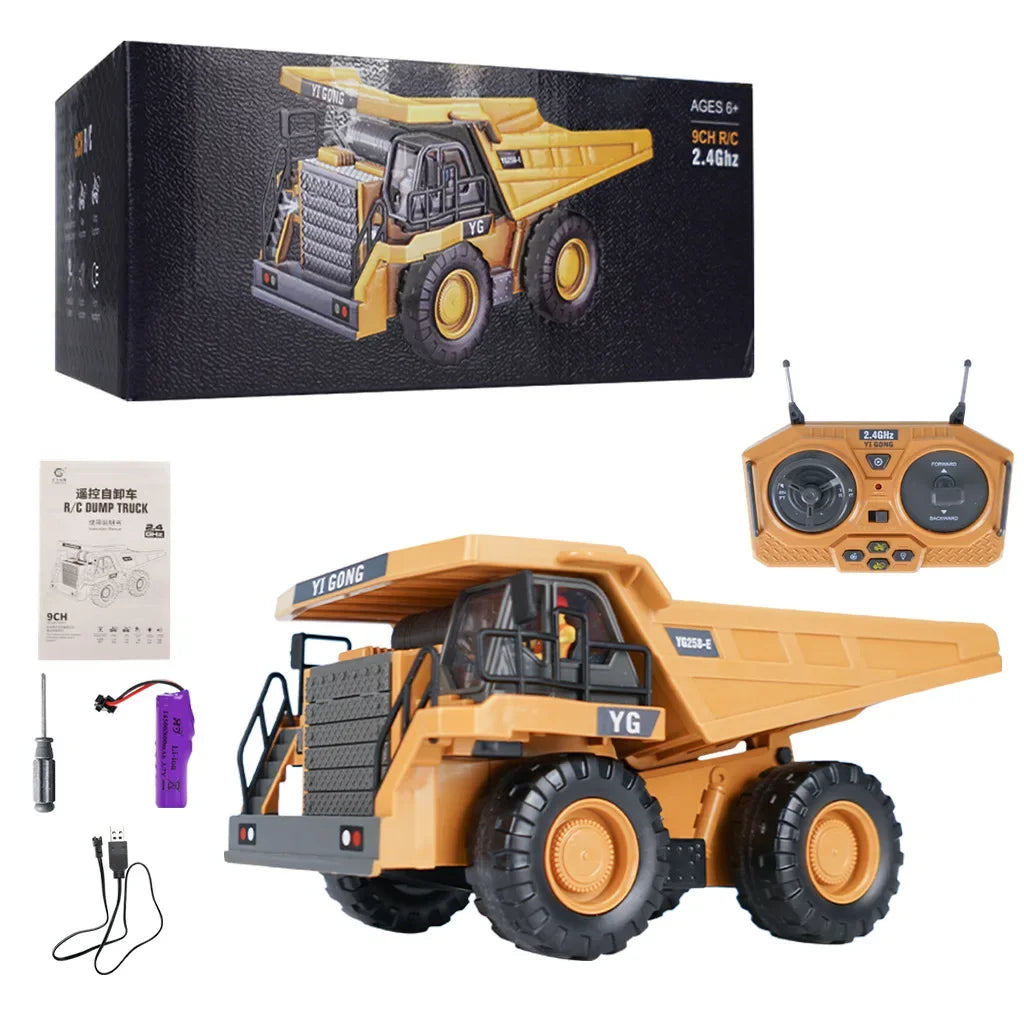 A yellow remote control excavator toy with a YG logo and accessories is shown in its box and assembled form.