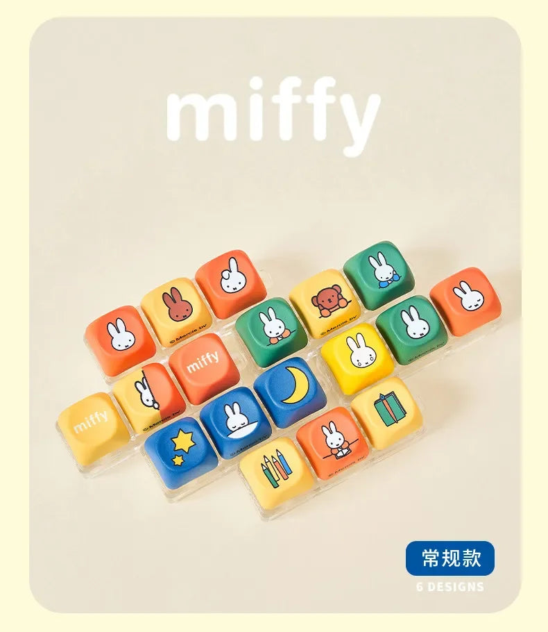 A collection of six Miffy themed keycap pendant blind box collectibles displayed on a white background.