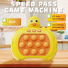A yellow Pop It game machine shaped like a duck, ready for play.